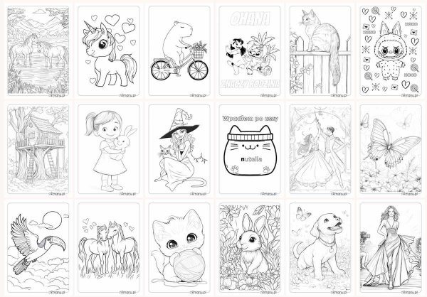 darmowe kolorowanki dla dziewczyn - kotki, konie, kapibara, Labubu, księżniczki i postacie z bajek