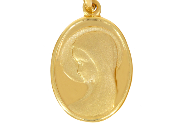 Złoty medalik z wizerunkiem Matki Boskiej. Prezent na Komunię