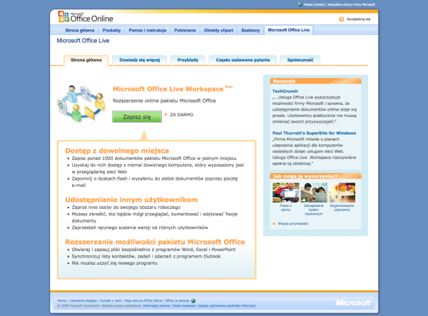 zrzut ekranu MS Office Live Workspace po polsku