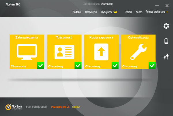 Norton 360 - główne okno programu
