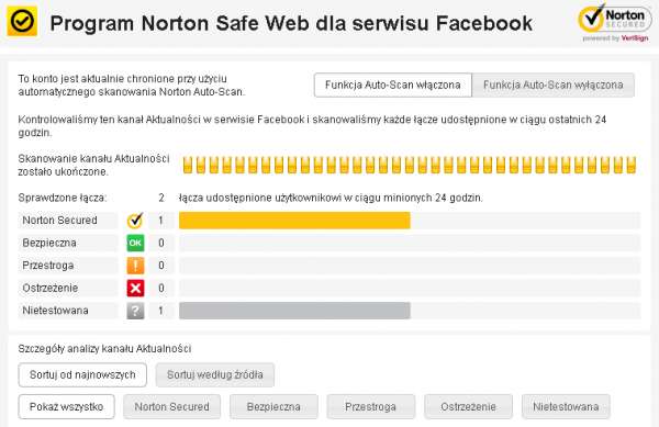 Norton Safe Web - interfejs aplikacji