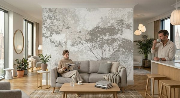 Kwiatowe fototapety w jadalni &ndash; fototapeta na wymiar z trawą pampasową w beżowej aranżacji boho