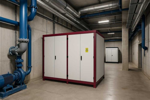 Wewnętrzna stacja transformatorowa w piwnicy budynku przemysłowego, przedstawiająca profesjonalne projektowanie stacji transformatorowych w ograniczonej przestrzeni.