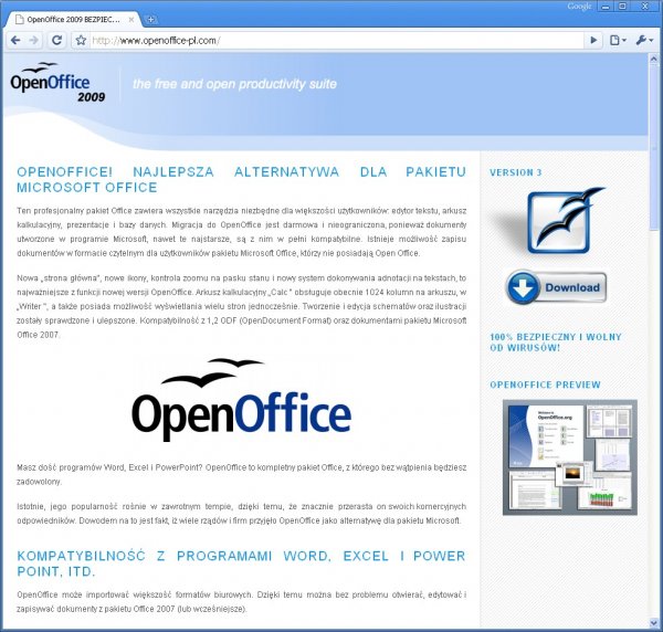 Zrzut ekranu strony oferującej OpenOffice.org za Premium SMS-a