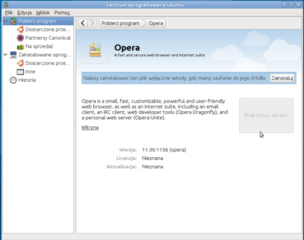 Opera w Centrum oprogrmaowania Ubuntu