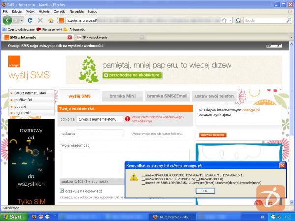 Zrzut ekranu obrazujący wykorzystanie luki na stronie Orange - użytkownik niezalogowany
