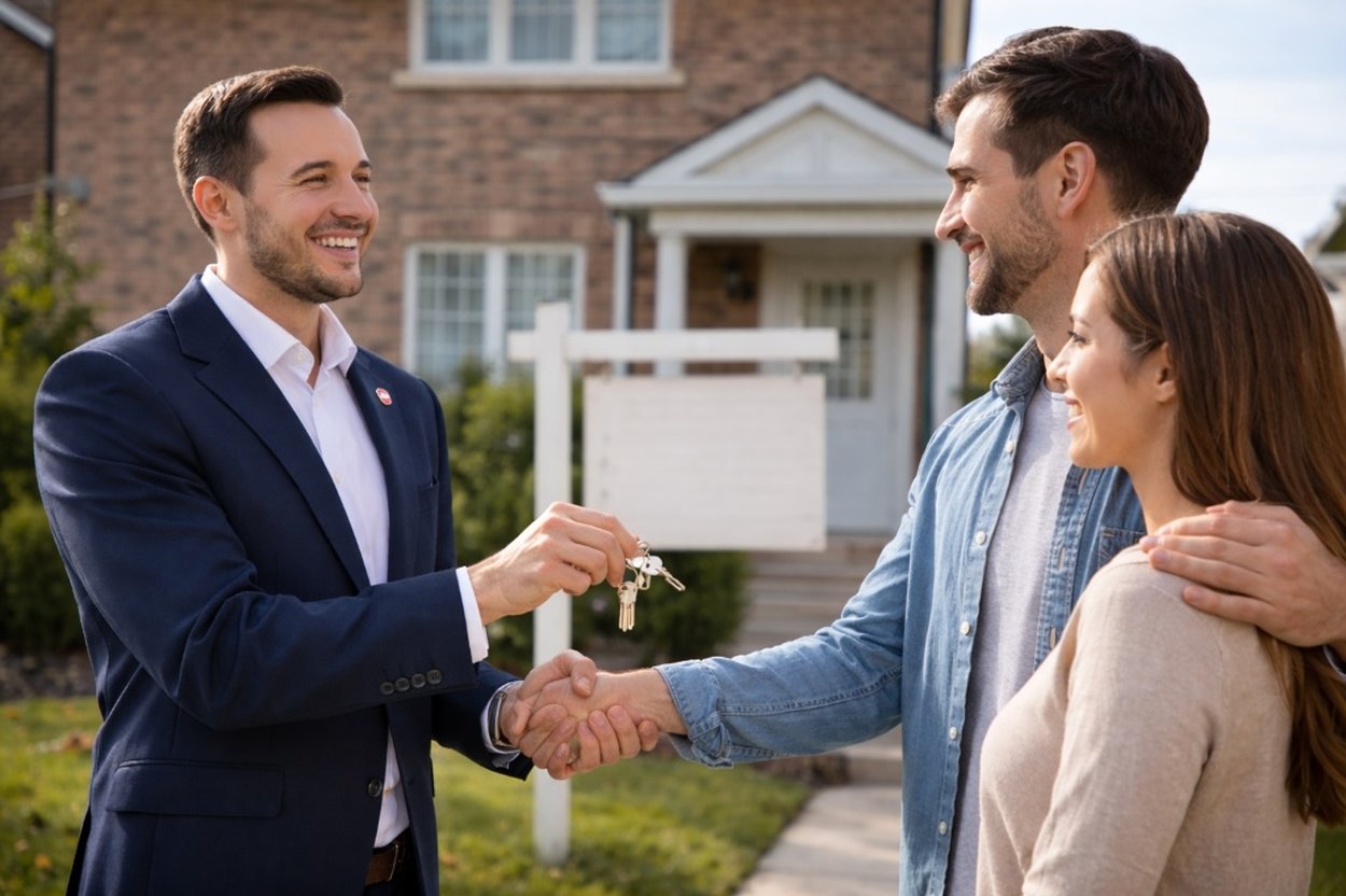 Agent nieruchomości przekazuje klucze i wita się z parą klientów przed domem ze znakiem „Sprzedane”, symbolizując wyłączną obsługę sprzedaży i profesjonalne wsparcie jednej strony transakcji