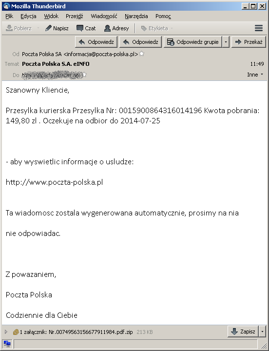 Podejrzany e-mail rzekomo od Poczty Polskiej