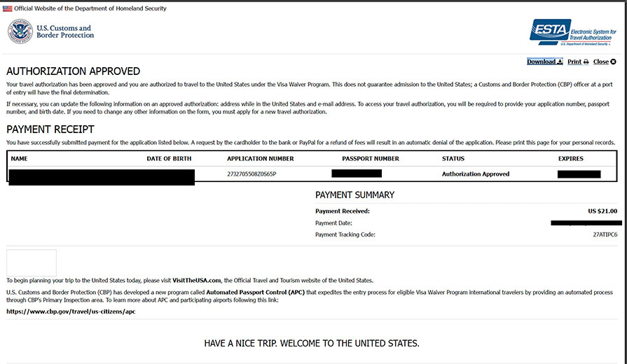 Informacja ze strony rządowej o pozwoleniu na podróż do USA oraz potwierdzenie uiszczenia opłaty z wyszczególnioną kwotą 21 dolarów