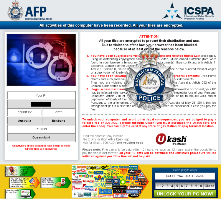 Przykład ransomware rozpowszechnianego w Australii, źródło: F-Secure