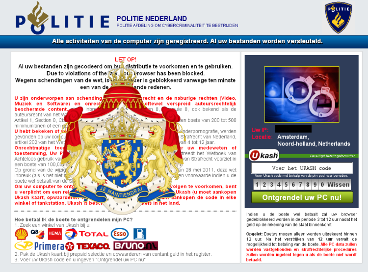 Przykład ransomware rozpowszechnianego w Holandii, źródło: F-Secure