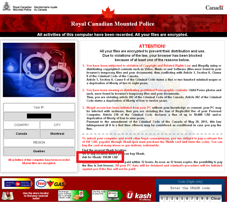 Przykład ransomware rozpowszechnianego w Kanadzie, źródło: F-Secure