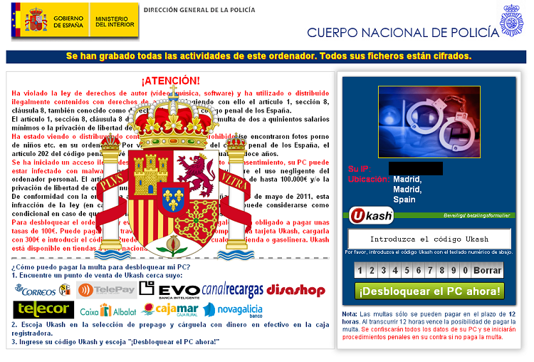 Przykład ransomware rozpowszechnianego w Hiszpanii, źródło: F-Secure