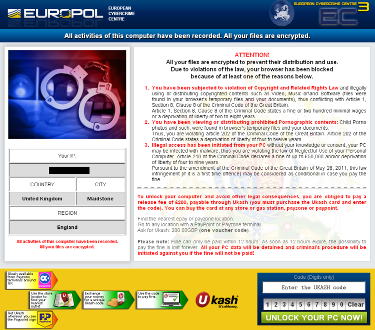 Przykład ransomware rozpowszechnianego w Wielkiej Brytanii, źródło: F-Secure