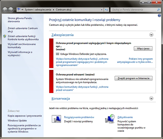 Komunikat wyświetlany przez Centrum akcji systemu Windows 7