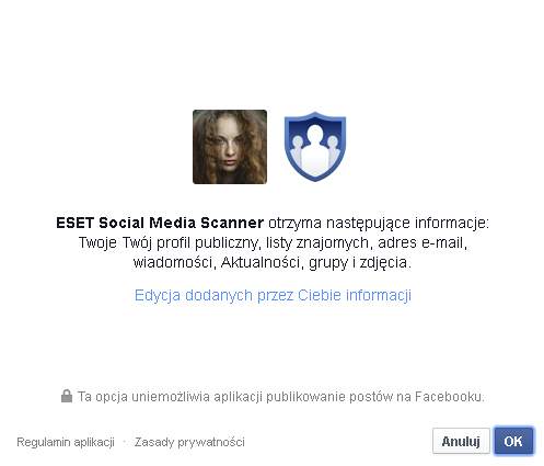 ESET Social Media Scanner - prośba o dostęp do danych użytkownika
