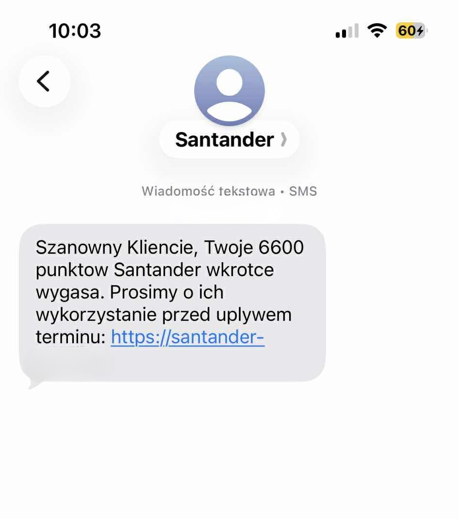 fałszywe SMS-y o wygasających punktach Santander