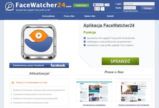 FaceWatcher24 kusi możliwością sprawdzenia, kto oglądał nasz profil na Facebooku