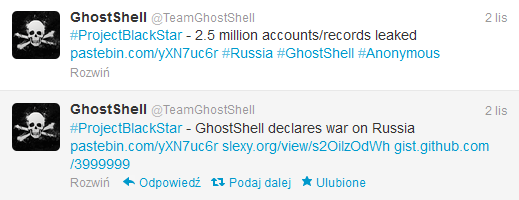 Posty grupy GhostShell na Twitterze