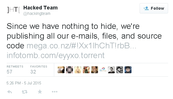 Informacja na Twitterze dot. zhackowania Hacking Teamu