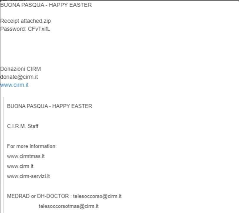 E-mail z kampanii phishingowej Buona Pasqua, wykorzystujący motyw Świąt Wielkanocnych