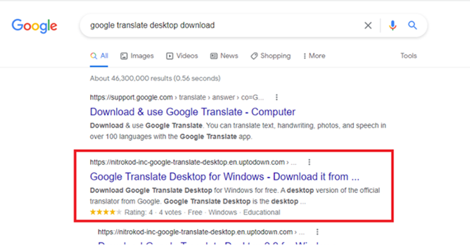 Google Translate Desktop w wynikach wyszukiwania
