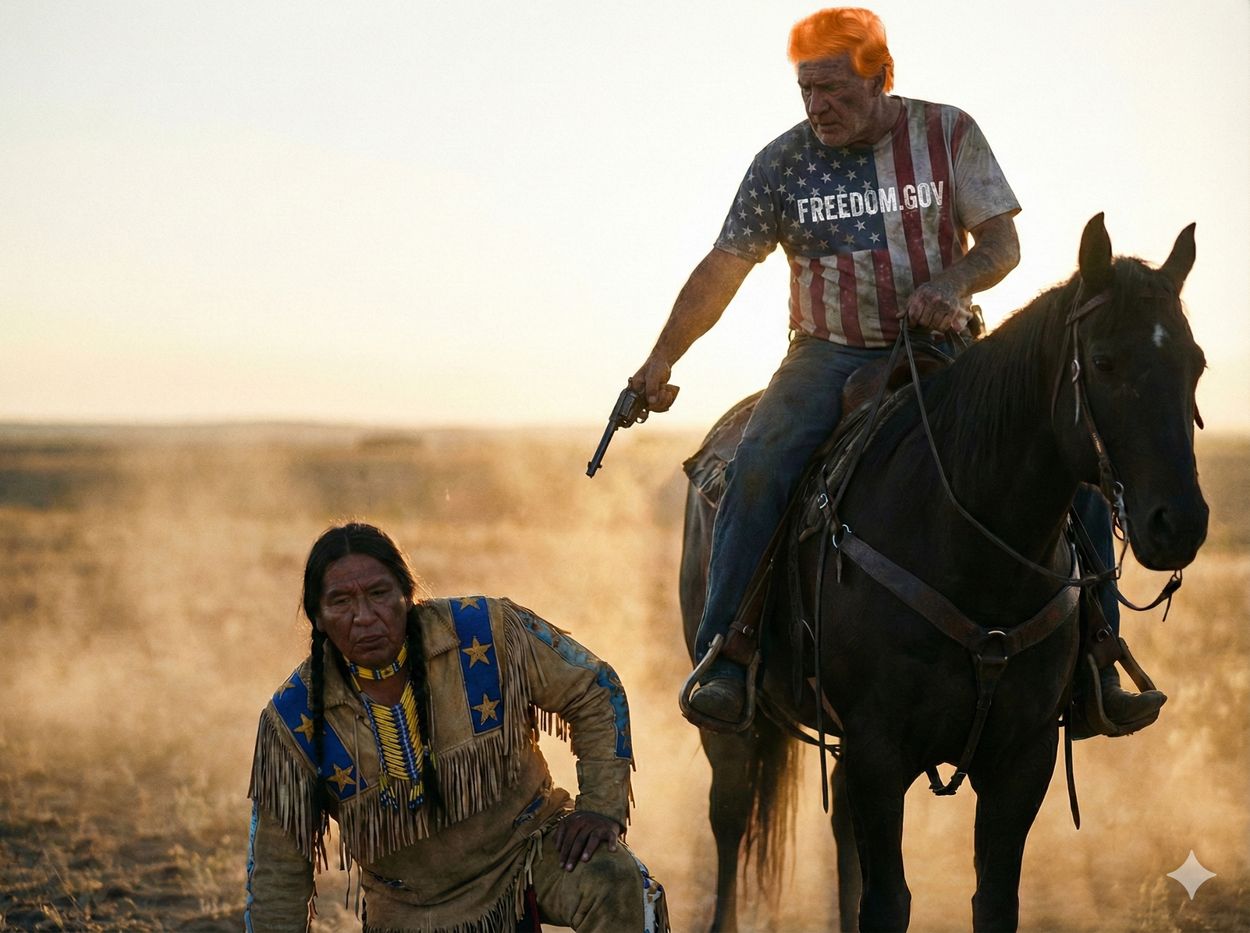 indianin wstajacy z kolan mimo celujacego w niego osadnika