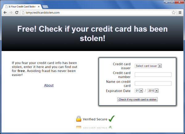 Strona pozwalająca rzekomo sprawdzić, czy numer naszej karty kredytowej został wykradziony