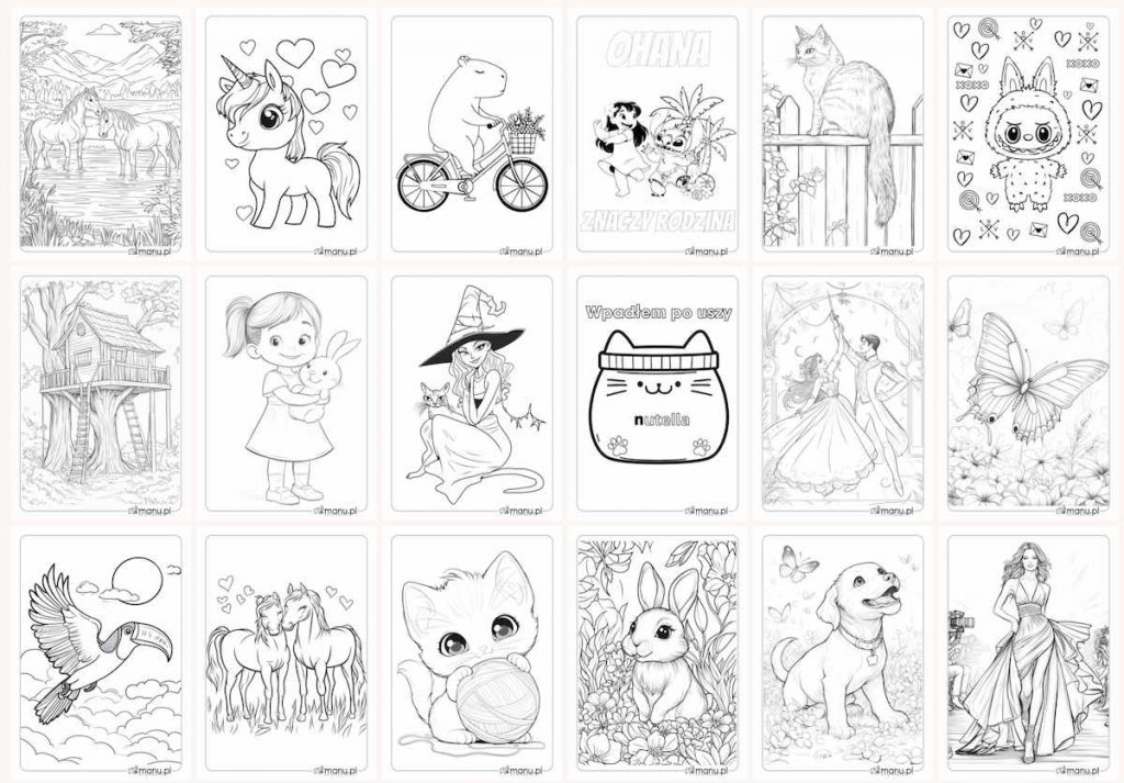 darmowe kolorowanki dla dziewczyn - kotki, konie, kapibara, Labubu, księżniczki i postacie z bajek