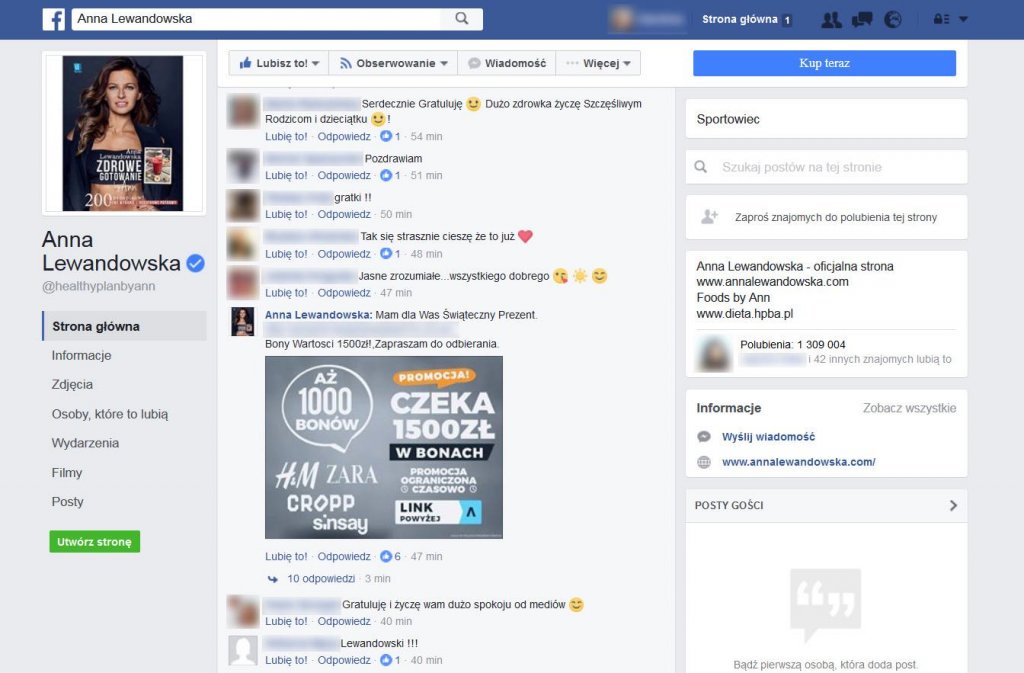 Komentarz opublikowany przez fałszywe konto na oficjalnym profilu Anny Lewandowskiej
