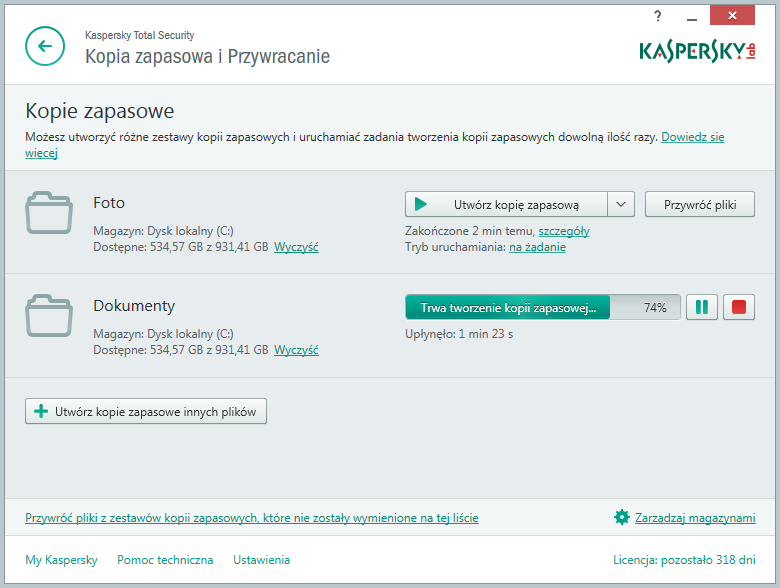 Kaspersky Total Security - tworzenie kopii zapasowej
