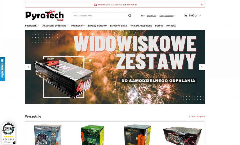 Strona sklepu internetowego z fajerwerkami PyroTech