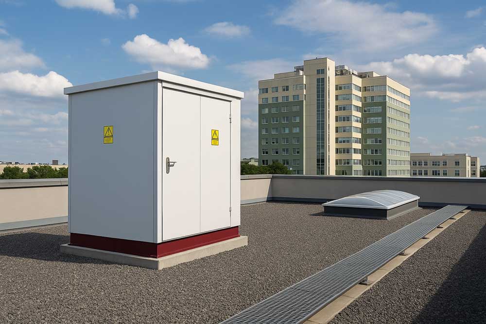 Kompaktowa stacja transformatorowa zainstalowana na dachu budynku biurowego, optymalizująca koszt budowy stacji transformatorowej poprzez wykorzystanie dostępnej przestrzeni dachowej.