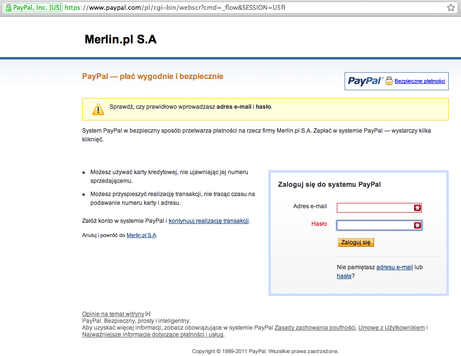 Zrzut ekranu - płatność przez Paypal na przykładzie zakupu w sklepie Merlin