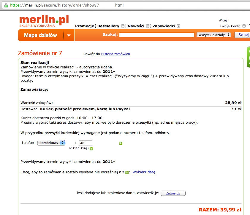 Zrzut ekranu - płatność przez Paypal na przykładzie zakupu w sklepie Merlin