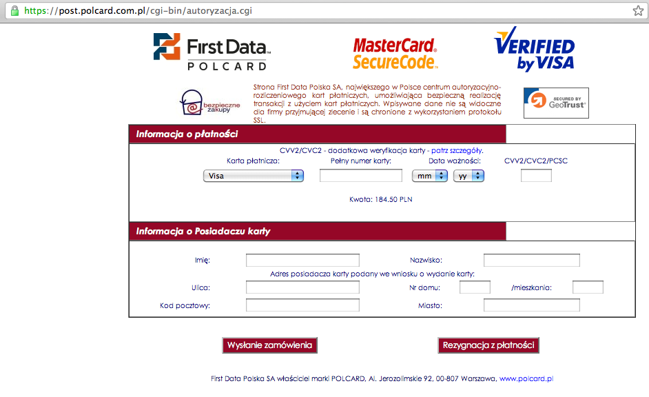 Płatnosć kartą - autoryzacja w systemie polcard