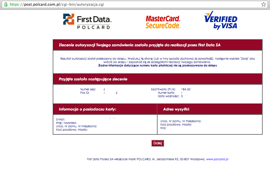 Zrzut ekranu - płatność kartą - zakończenie autoryzacji w systemie polcard