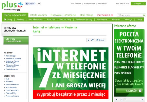 Zrzut ekranu z ofertą „Internet w telefonie w Plusie na Kartę”