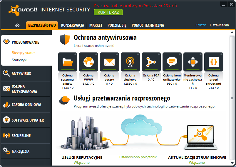 avast! Internet Security - lista i status osłon