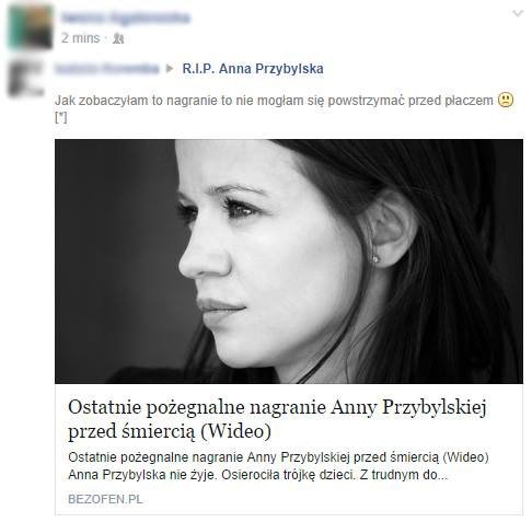 Scamerzy żerują na śmierci Anny Przybylskiej. Źródło: Gazeta Wyborcza