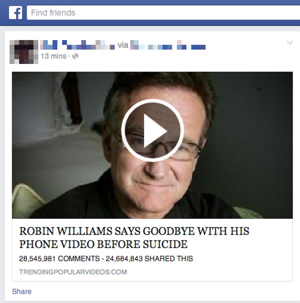 Pożegnanie Robina Williamsa przed popełnieniem samobójstwa - link na Facebooku kierujący do rzekomego materiału wideo