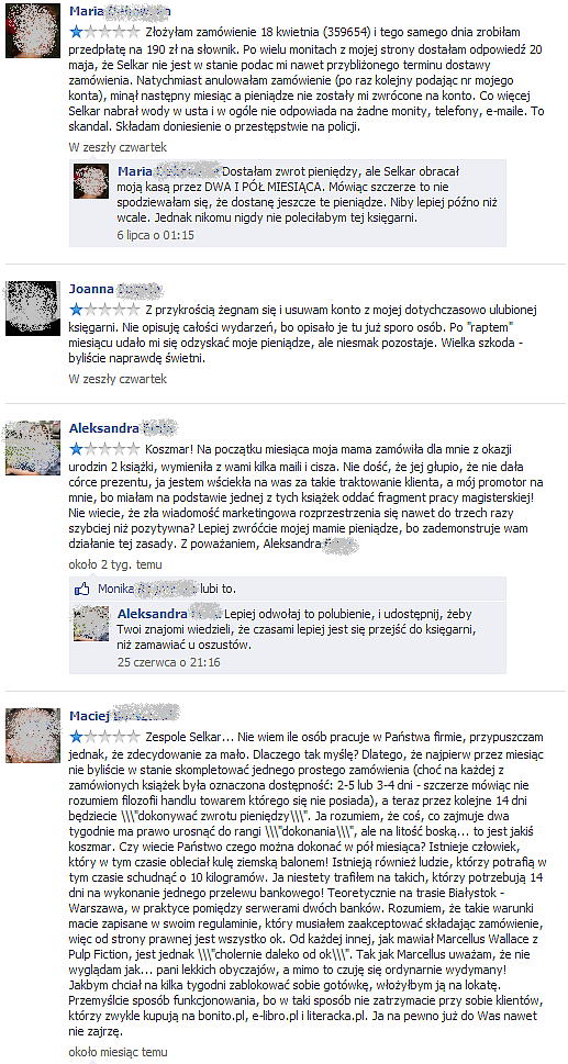 Negatywne rekomendacje na fanpage'u księgarni Selkar - zrzut ekranu