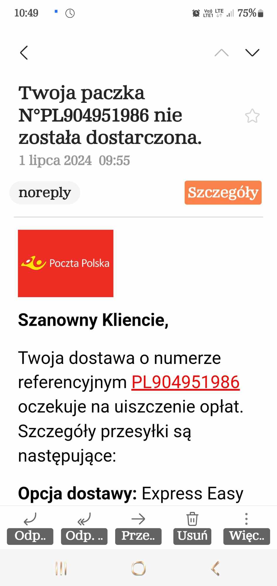 wiadomość od oszusta podszywającego się pod pocztę polską