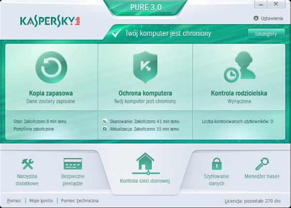 Kaspersky PURE 3.0 - główne okno programu