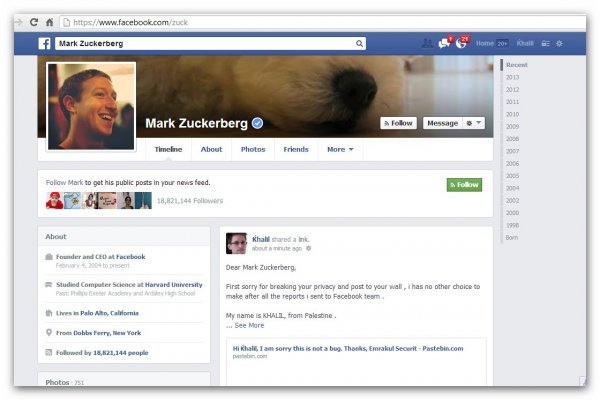 Post Khalila Shreateha na osi czasu Marka Zuckerberga