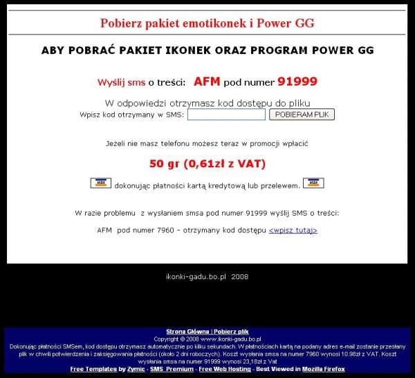 Screen strony zachęcającej do wysłania Premium SMS-a
