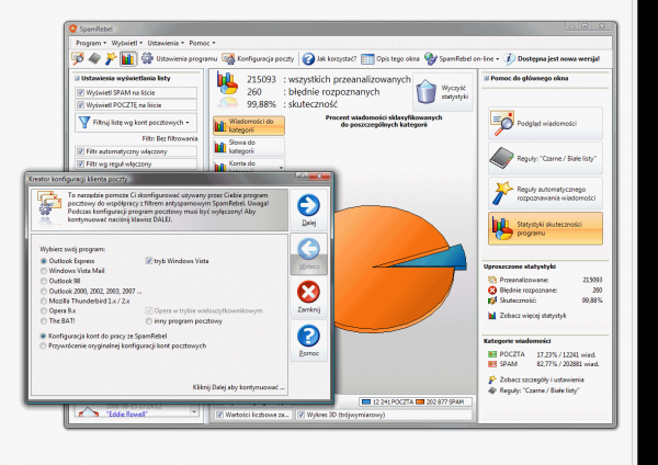 SpamRebel - statystyki i konfiguracja programu pocztowego