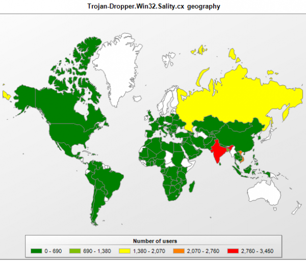 Geograficzna dystrybucja szkodnika Trojan-Dropper.Win32.Sality.cx