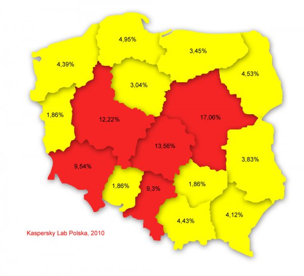 Poziom infekcji w poszczególnych województwach, czerwiec 2010