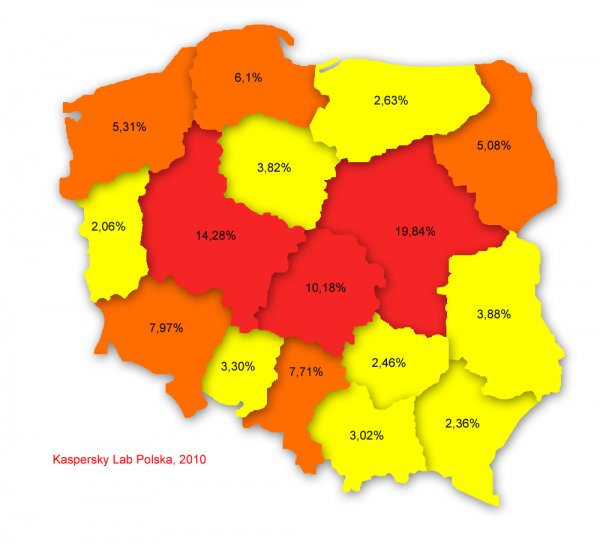 Poziom infekcji w poszczególnych województwach, kwiecień 2010